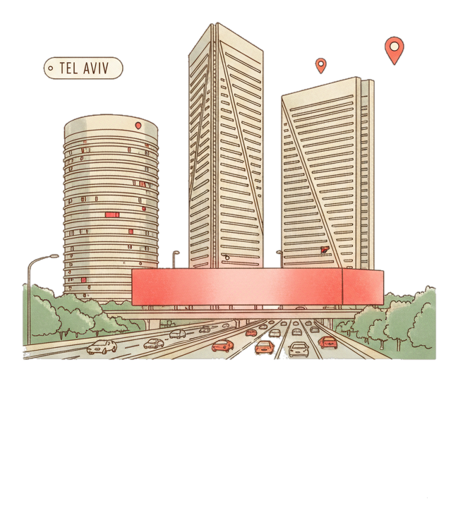 Illustrated Tel Aviv landmark with glowing coral Blindspot DOOH advertising screens
