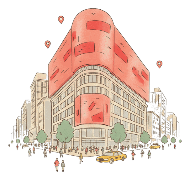 Illustrated the-beast-billboard landmark with glowing coral Blindspot DOOH advertising screens
