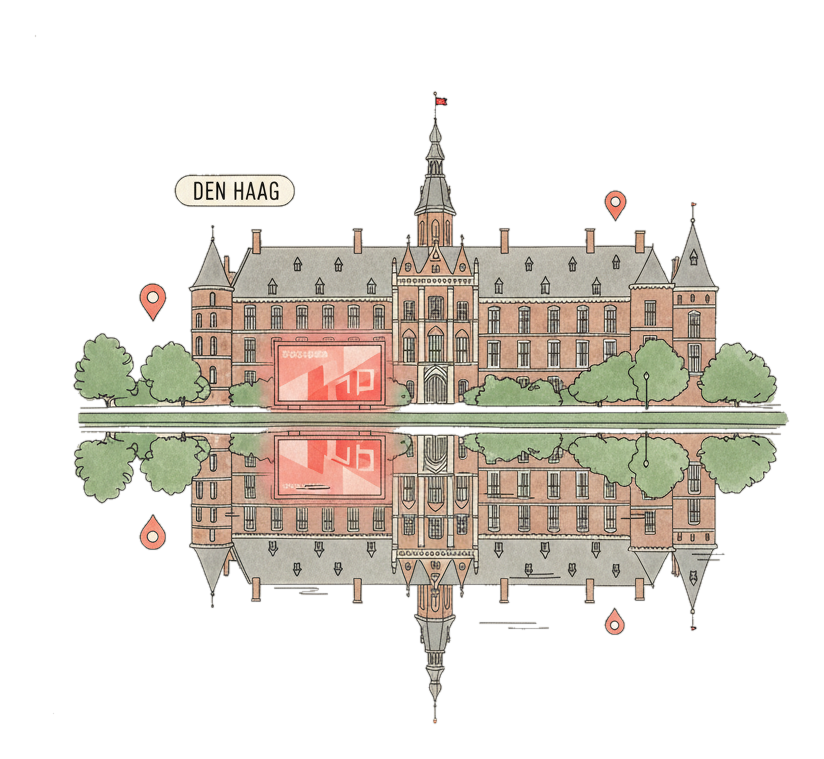 Illustrated The Hague landmark with glowing coral Blindspot DOOH advertising screens