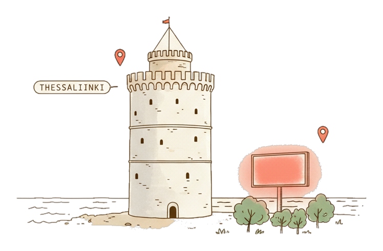 Illustrated Thessaloniki landmark with glowing coral Blindspot DOOH advertising screens
