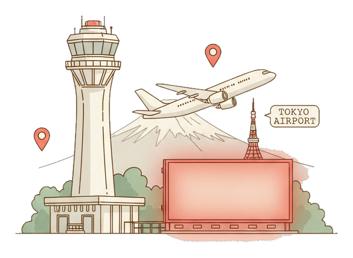 Illustrated Tokyo Haneda landmark with glowing coral Blindspot DOOH advertising screens