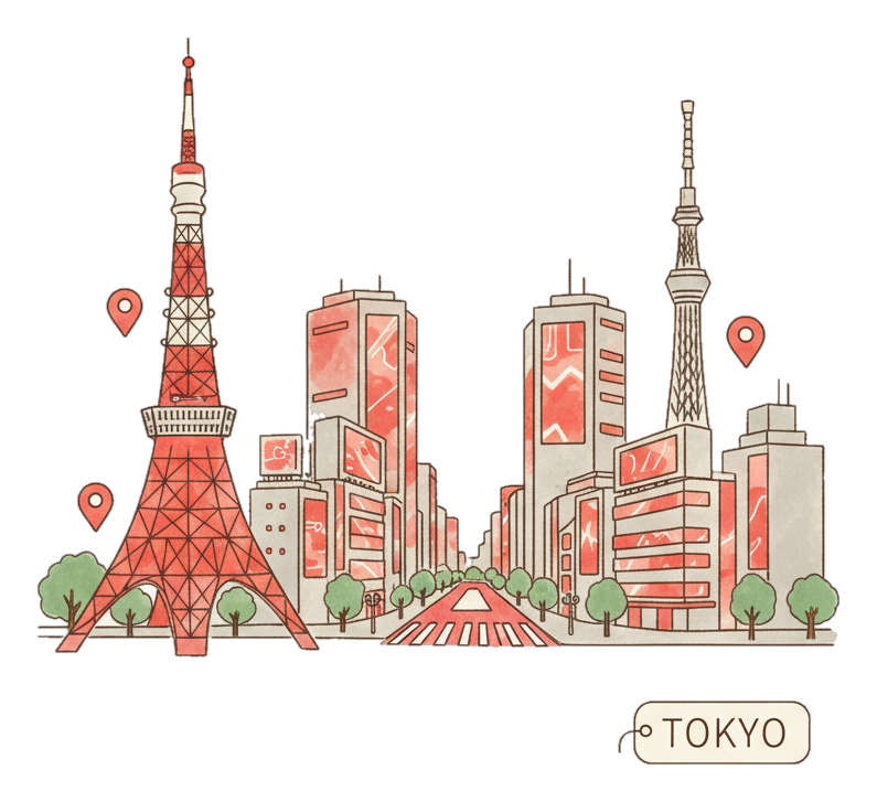 Illustrated Tokyo Tower and the Shibuya skyline with glowing coral Blindspot DOOH advertising screens