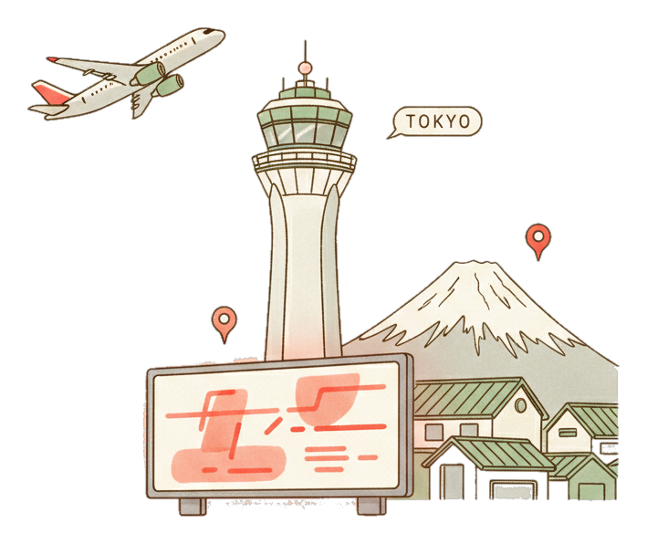 Illustrated Narita International Airport, Tokyo landmark with glowing coral Blindspot DOOH advertising screens