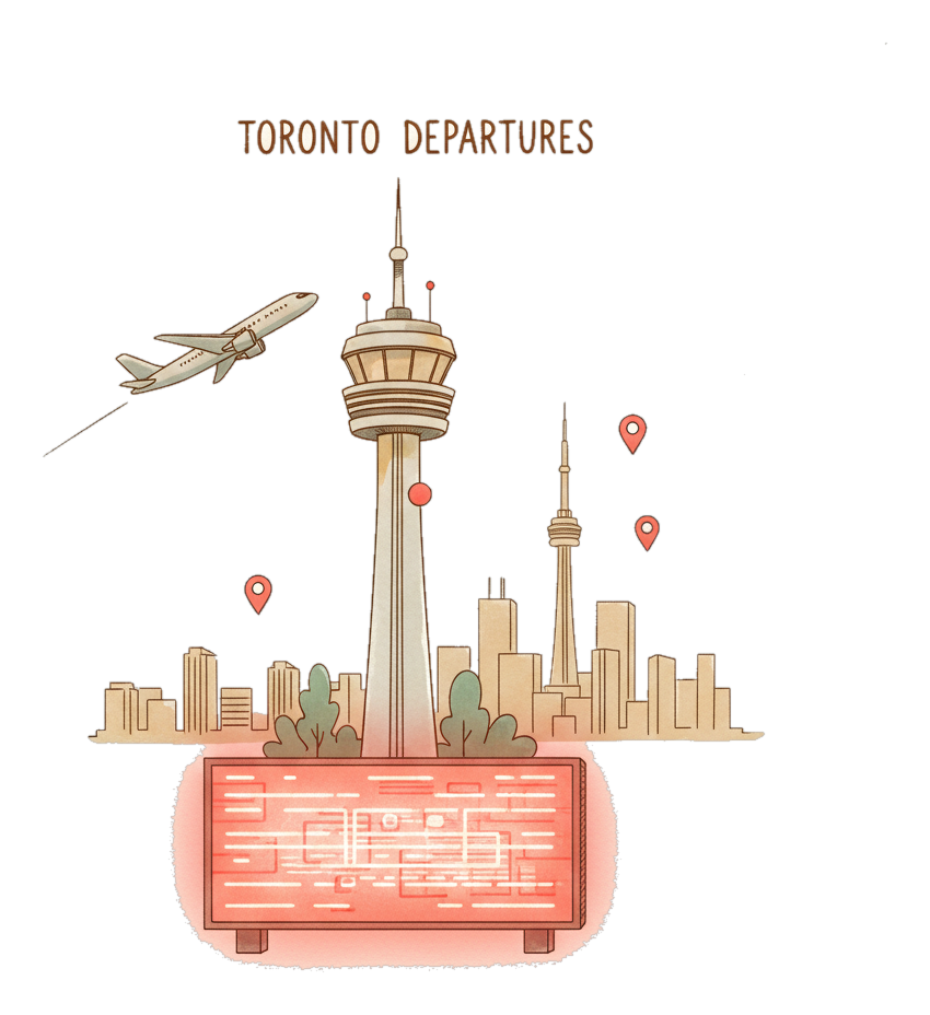 Illustrated Toronto Pearson International Airport landmark with glowing coral Blindspot DOOH advertising screens