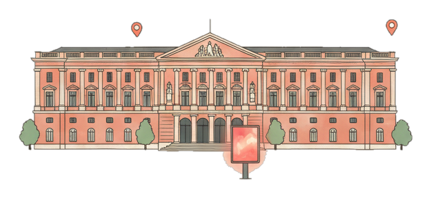 Illustrated Toulouse landmark with glowing coral Blindspot DOOH advertising screens