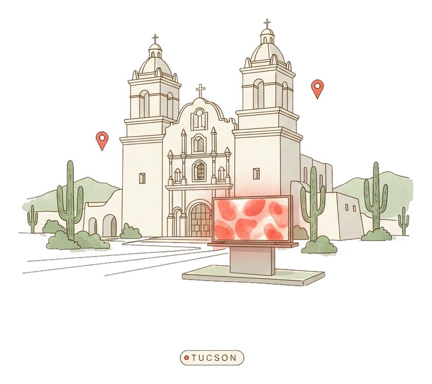 Illustrated Tucson landmark with glowing coral Blindspot DOOH advertising screens