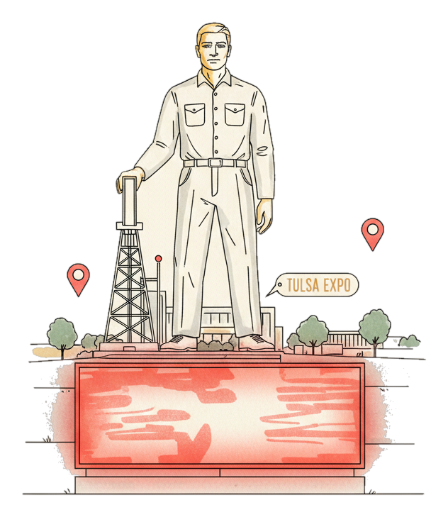 Illustrated Tulsa landmark with glowing coral Blindspot DOOH advertising screens