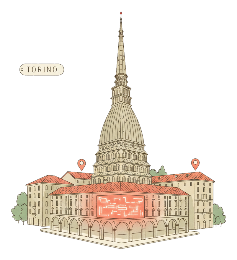 Illustrated Turin landmark with glowing coral Blindspot DOOH advertising screens