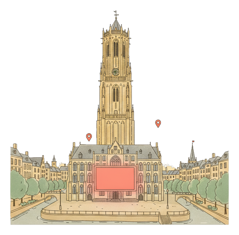 Illustrated Utrecht landmark with glowing coral Blindspot DOOH advertising screens