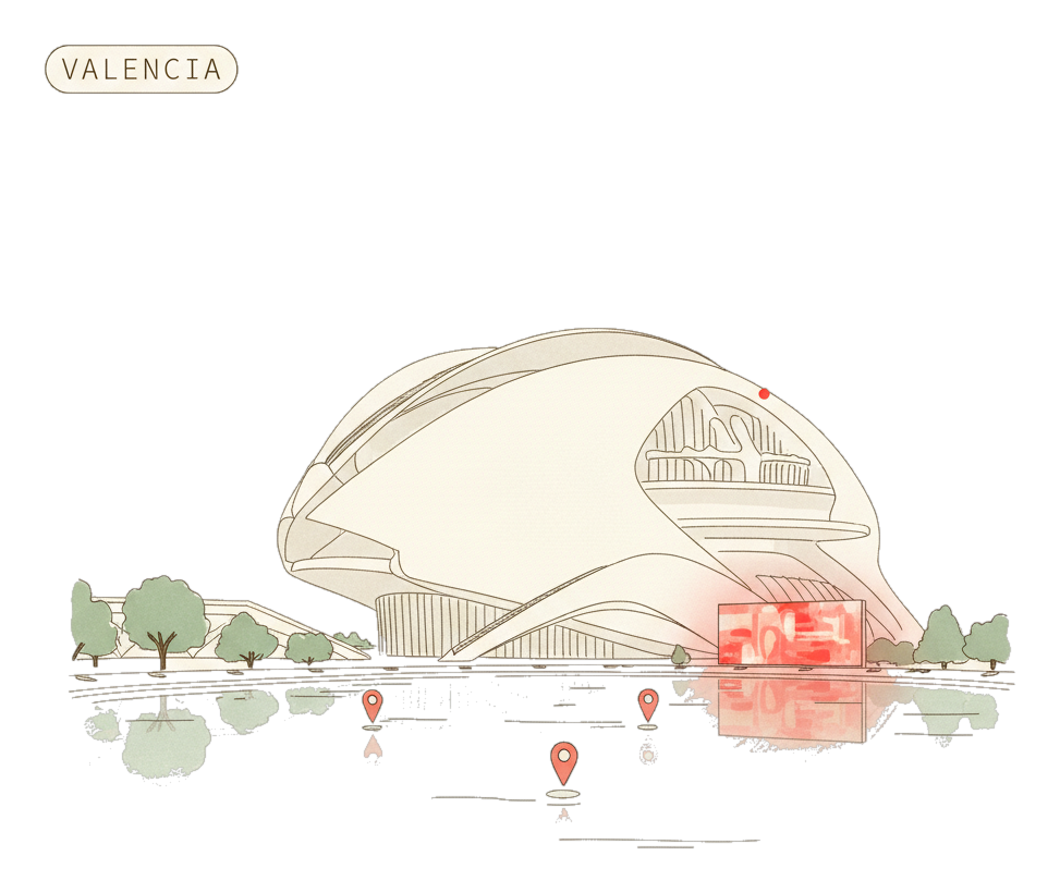 Illustrated Valencia landmark with glowing coral Blindspot DOOH advertising screens
