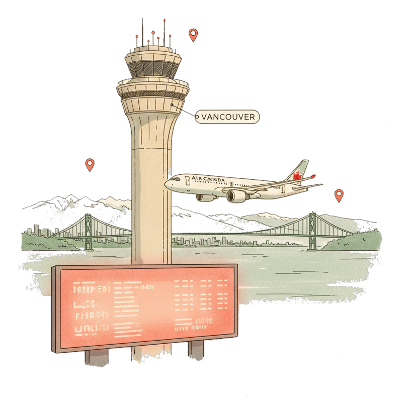 Illustrated Vancouver International Airport landmark with glowing coral Blindspot DOOH advertising screens