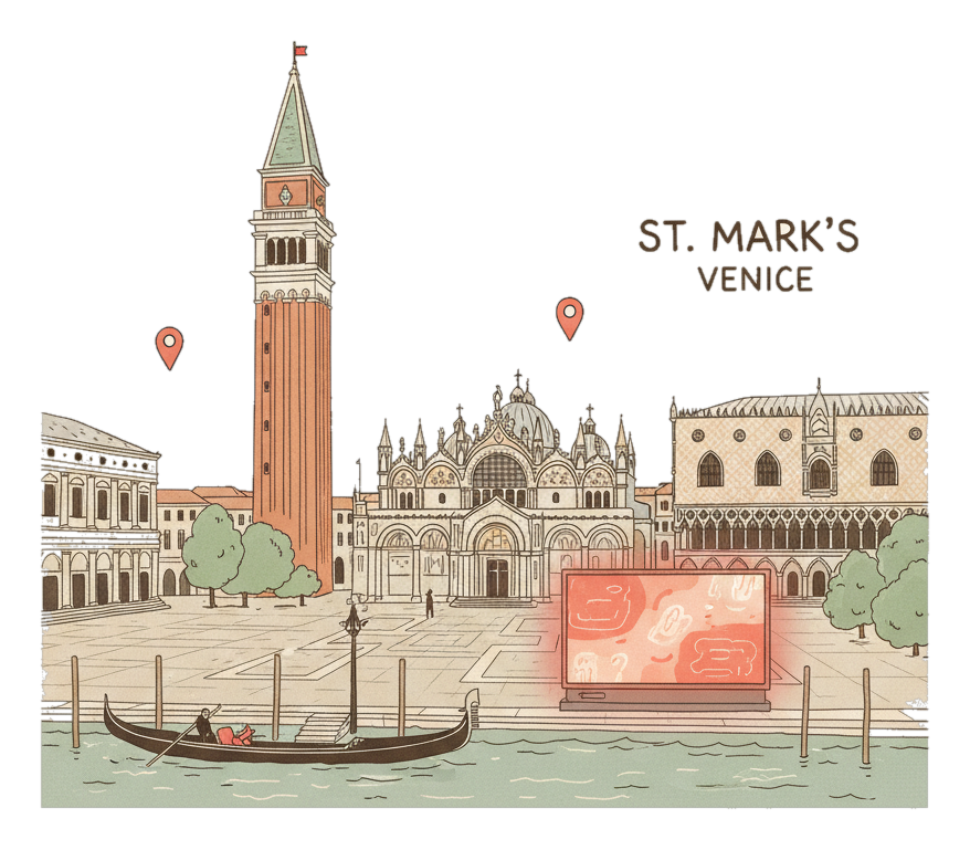 Illustrated Venice landmark with glowing coral Blindspot DOOH advertising screens