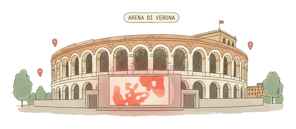 Illustrated Verona landmark with glowing coral Blindspot DOOH advertising screens