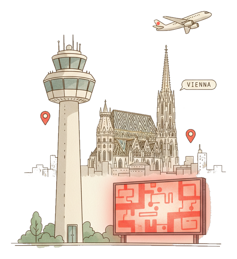 Illustrated Vienna International Airport landmark with glowing coral Blindspot DOOH advertising screens