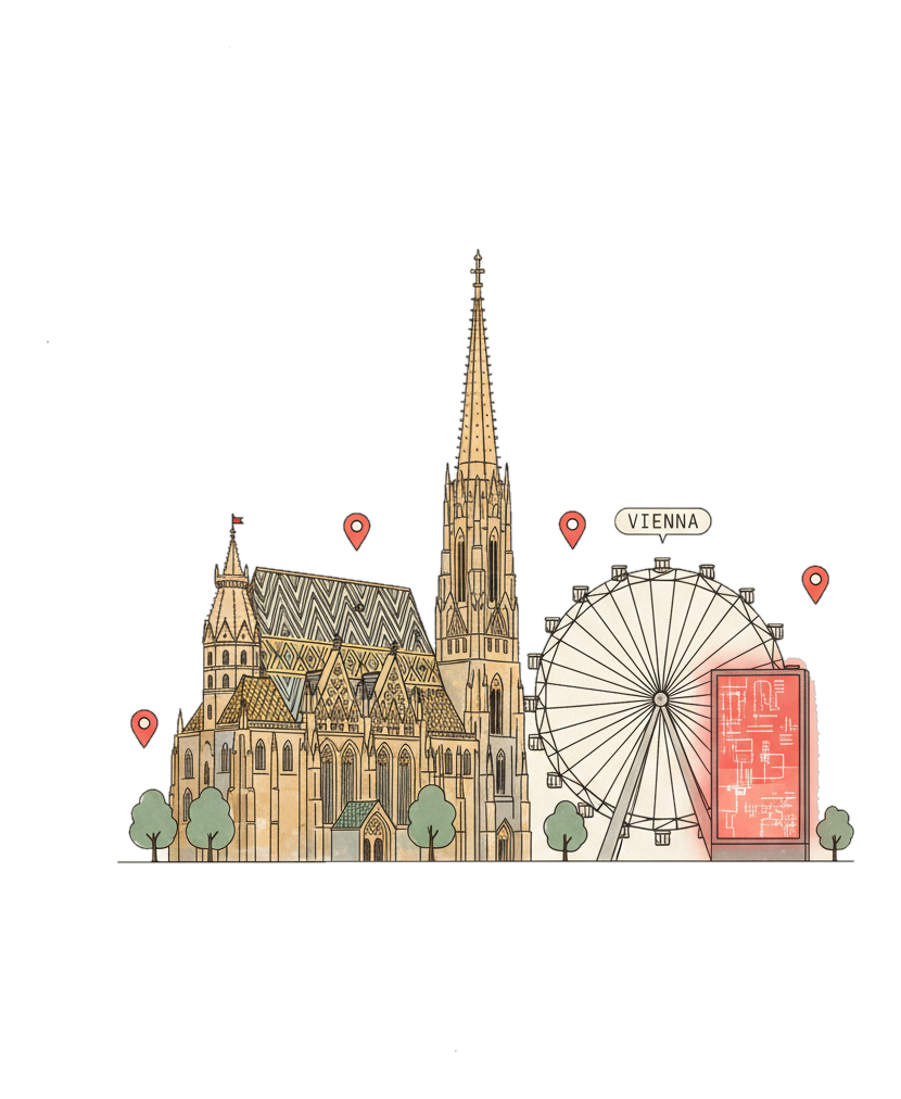 Illustrated Vienna's St. Stephen's Cathedral and the Riesenrad with glowing coral Blindspot DOOH advertising screens