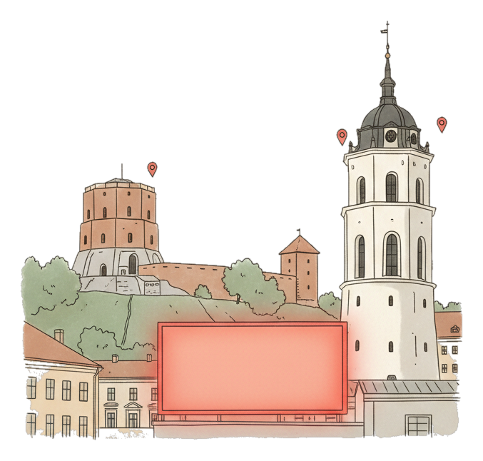Illustrated Vilnius landmark with glowing coral Blindspot DOOH advertising screens