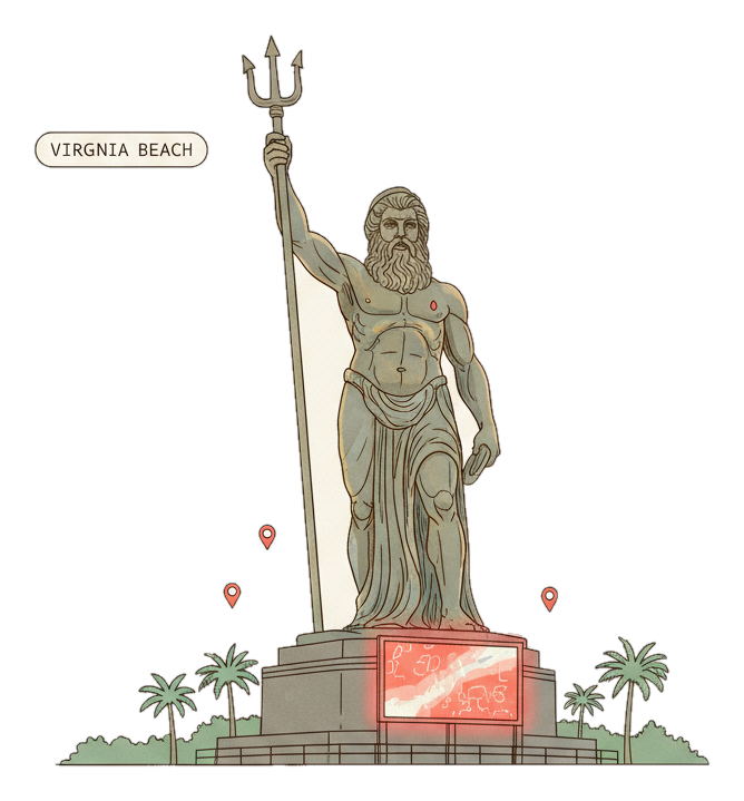Illustrated Virginia Beach landmark with glowing coral Blindspot DOOH advertising screens
