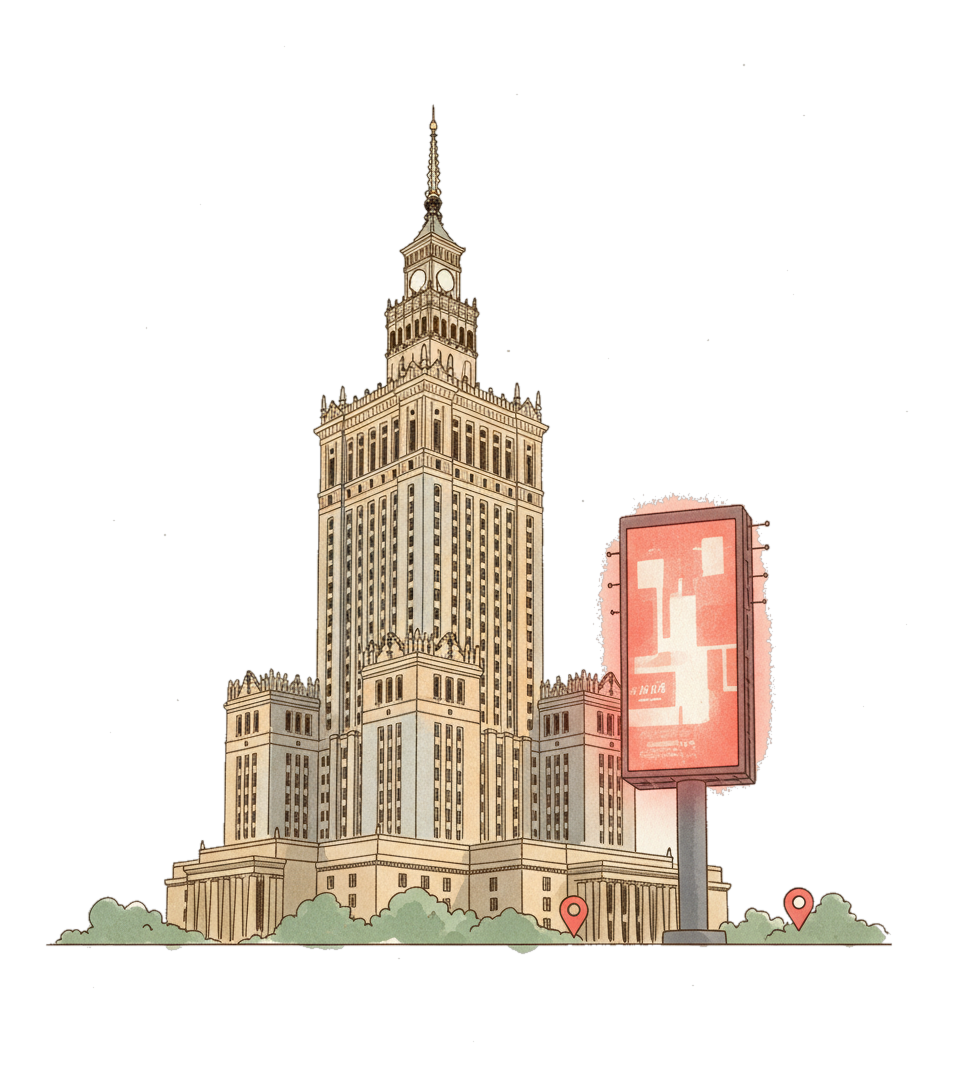 Illustrated Warsaw landmark with glowing coral Blindspot DOOH advertising screens