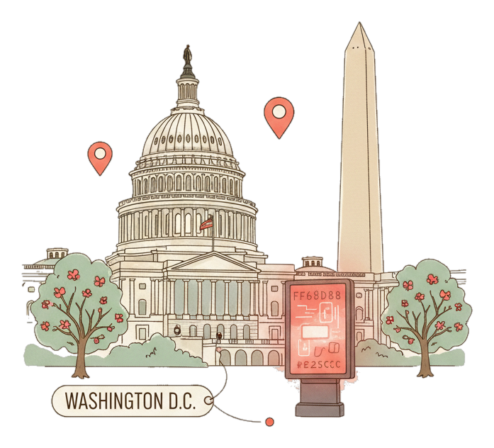 Illustrated Washington DC's Capitol and Washington Monument with glowing coral Blindspot DOOH advertising screens