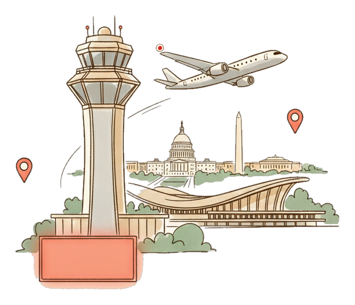 Illustrated Washington Dulles International Airport landmark with glowing coral Blindspot DOOH advertising screens