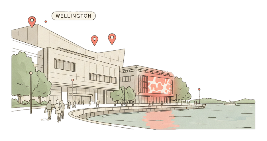 Illustrated Wellington landmark with glowing coral Blindspot DOOH advertising screens