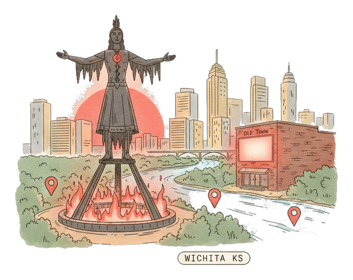 Illustrated Wichita landmark with glowing coral Blindspot DOOH advertising screens