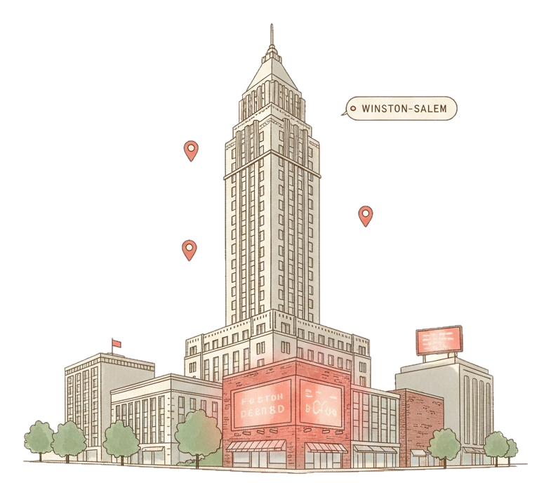 Illustrated Winston-Salem landmark with glowing coral Blindspot DOOH advertising screens
