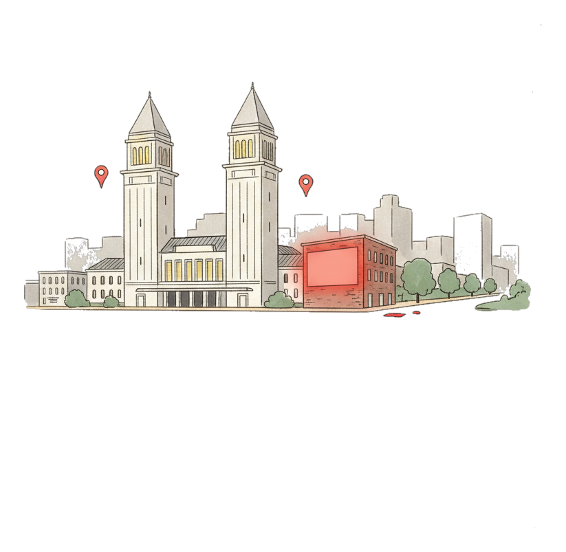Illustrated Worcester landmark with glowing coral Blindspot DOOH advertising screens