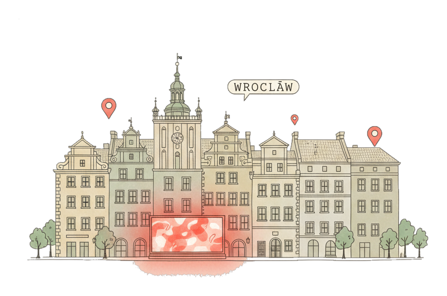 Illustrated Wroclaw landmark with glowing coral Blindspot DOOH advertising screens
