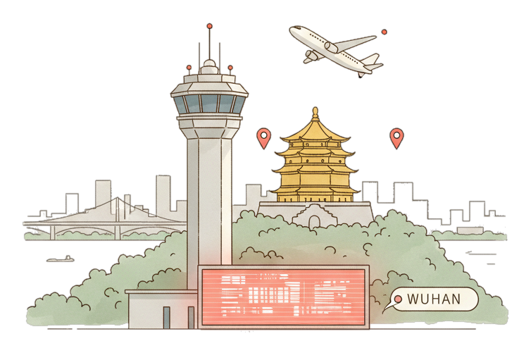 Illustrated Wuhan Tianhe International Airport landmark with glowing coral Blindspot DOOH advertising screens
