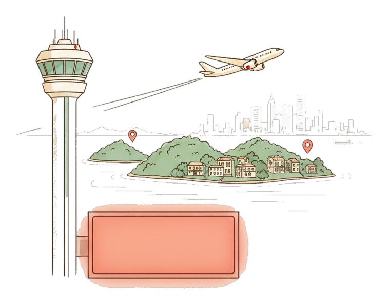 Illustrated Xiamen Gaoqi International Airport landmark with glowing coral Blindspot DOOH advertising screens