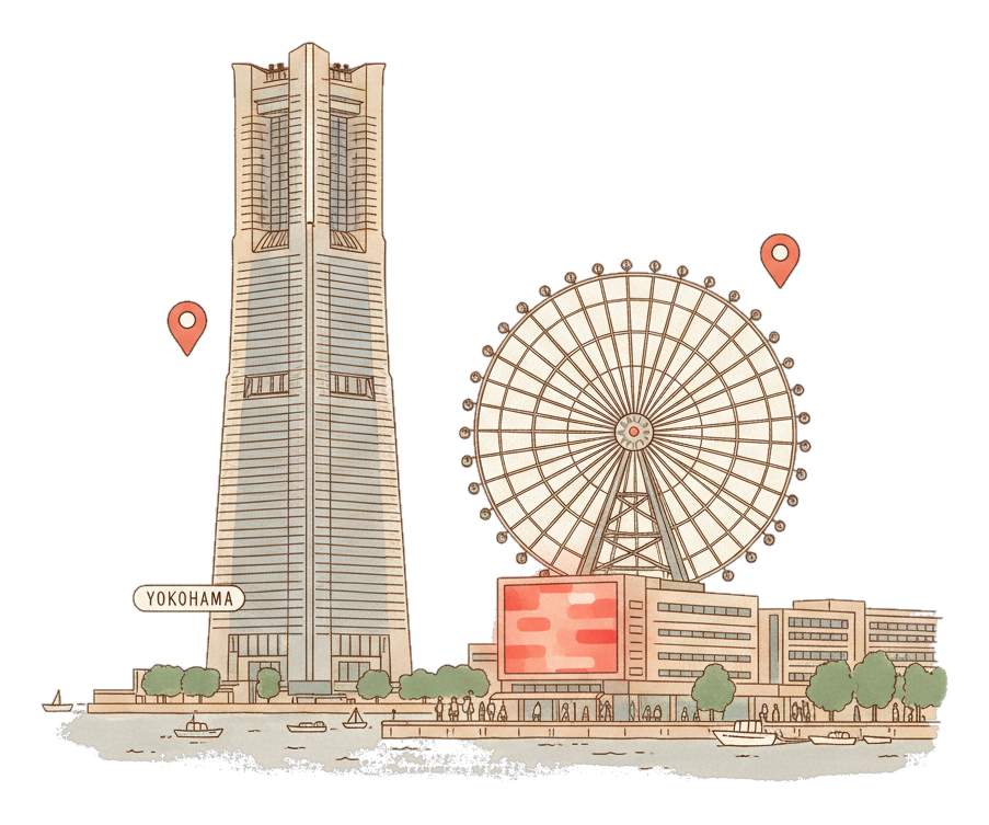 Illustrated Yokohama landmark with glowing coral Blindspot DOOH advertising screens