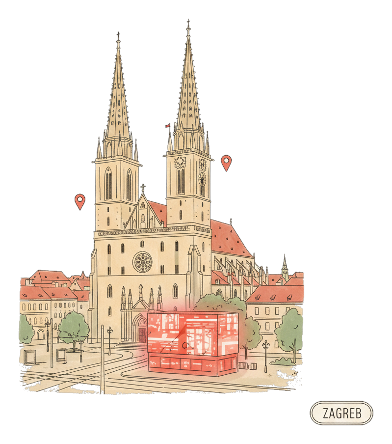 Illustrated Zagreb landmark with glowing coral Blindspot DOOH advertising screens