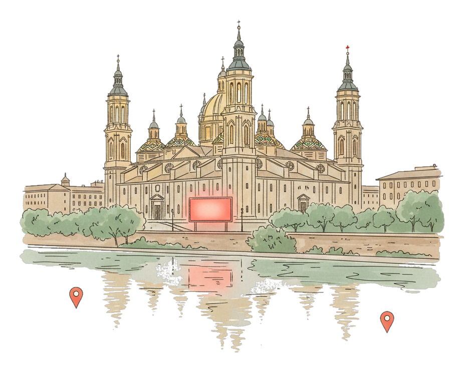 Illustrated Zaragoza landmark with glowing coral Blindspot DOOH advertising screens