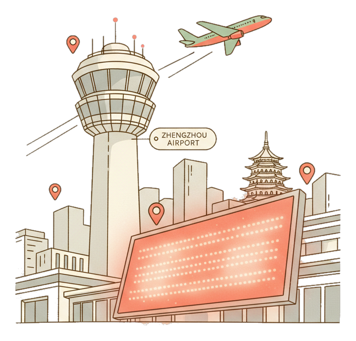 Illustrated Zhengzhou Xinzheng International Airport landmark with glowing coral Blindspot DOOH advertising screens