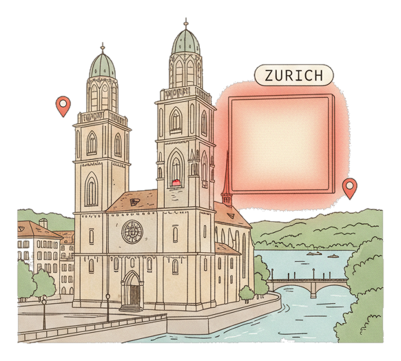 Illustrated Zurich landmark with glowing coral Blindspot DOOH advertising screens