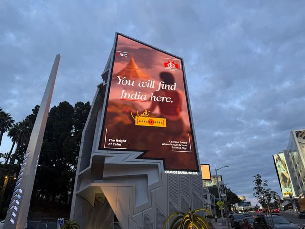 Visit Maharashtra 'You will find India here' creative on the Sunset Boulevard digital spectacular in Los Angeles at dusk