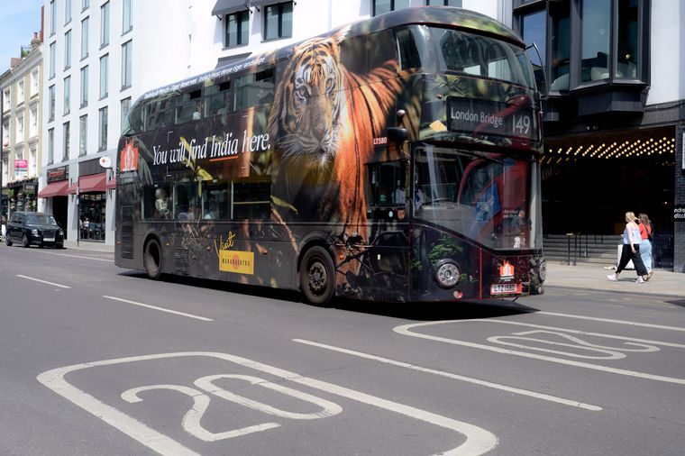 Visit Maharashtra full-wrap creative on a London Routemaster double-decker bus