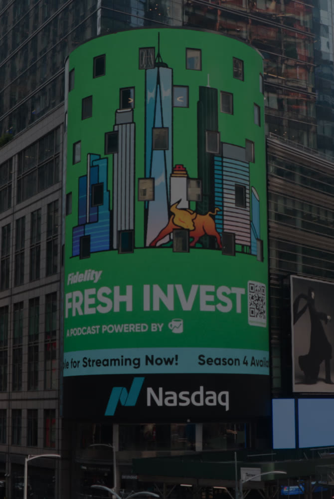Nasdaq Tower billboard in Times Square running Morning Brew's Imposters podcast campaign with colorful creative