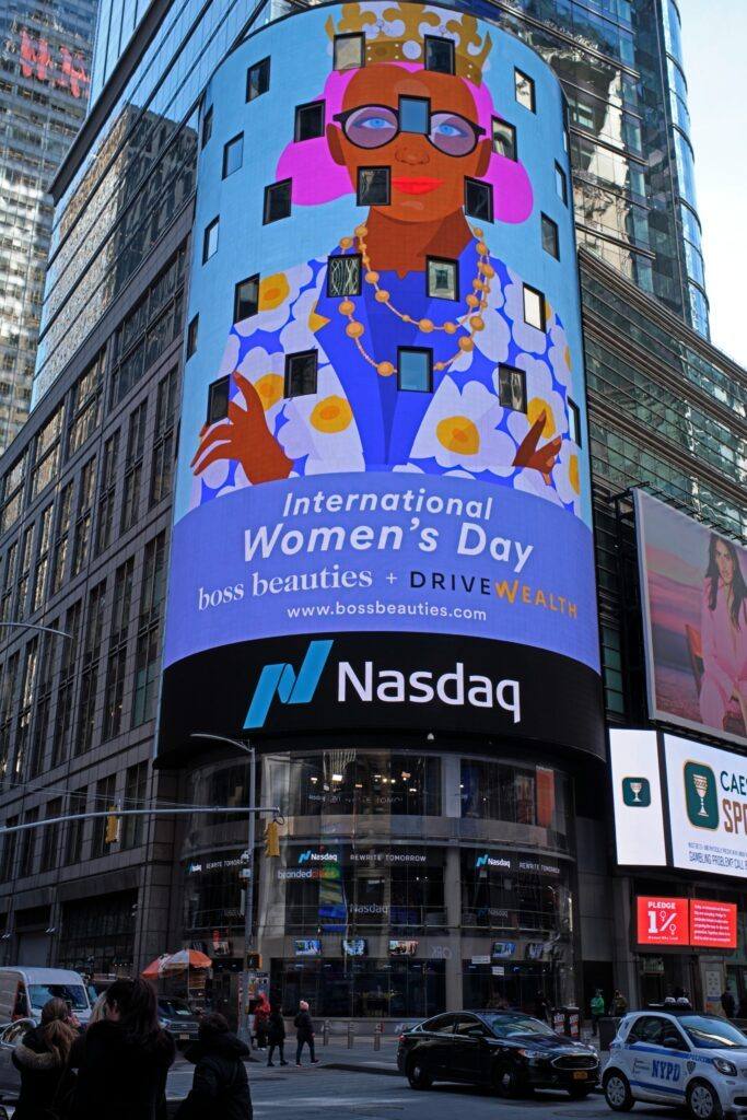 The seven-story Nasdaq Tower digital billboard at the corner of Times Square, New York, bookable programmatically through Blindspot