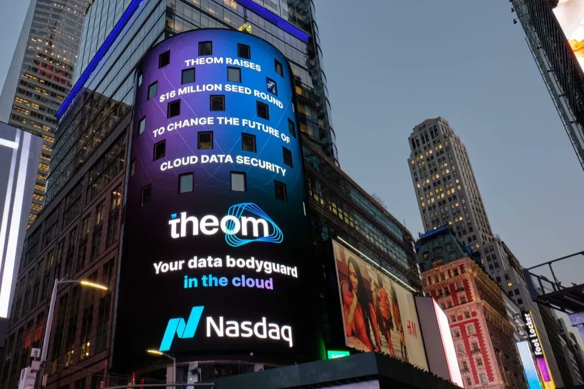 Evening view of the Nasdaq Tower billboard in Times Square running a Theom cloud security campaign