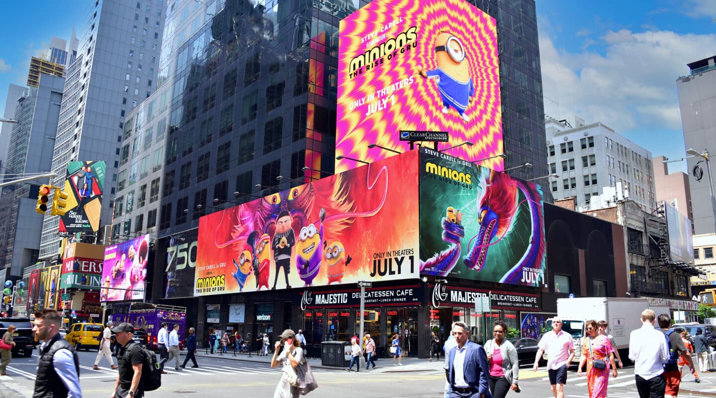 Times Square digital spectacular, real DOOH screens from operator partner Clear Channel Outdoor, bookable by the hour on Blindspot
