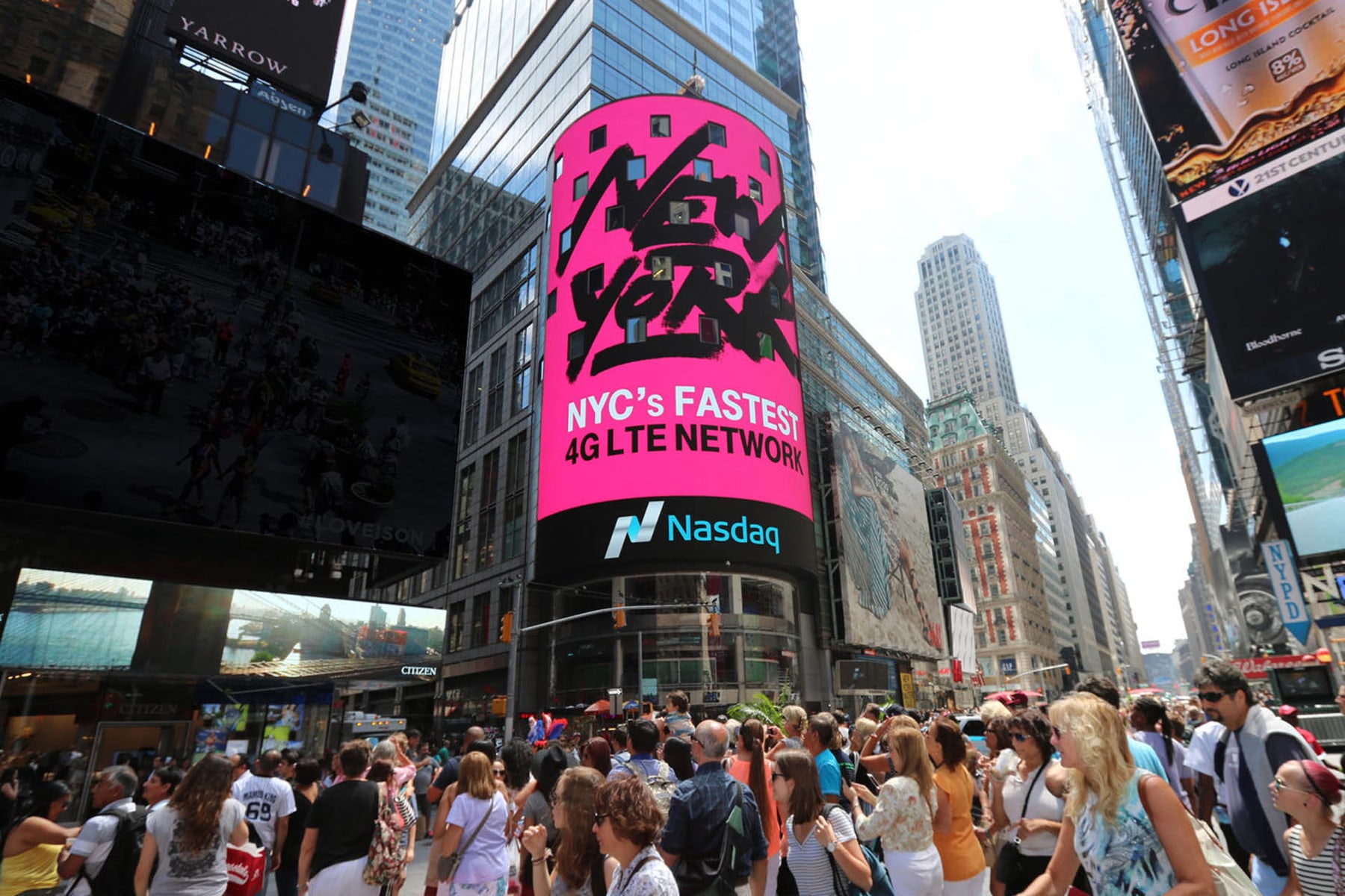 Nasdaq Tower billboard in Times Square, real DOOH screens from operator partner Nasdaq MarketSite, bookable by the hour on Blindspot