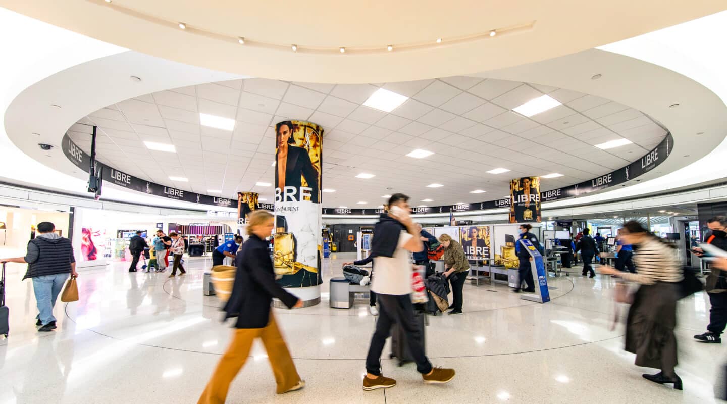 New York JFK, JFK Terminal 1 rotunda domination, real DOOH inventory bookable by the hour on Blindspot