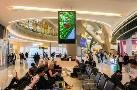 King Khalid International Airport, Riyadh, Departures hall · digital pillar network, real DOOH inventory bookable by the hour on Blindspot