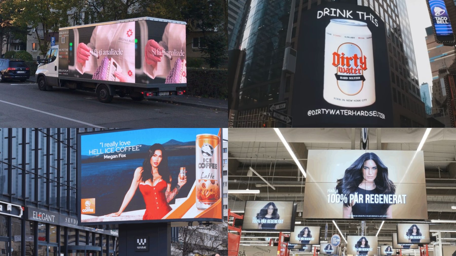 Digital out-of-home advertising screens across public and urban locations: large-format billboards, transit displays, and street-level digital screens