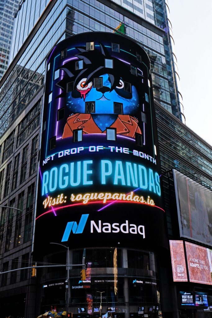 Rogue Pandas ad on Nasdaq billboard with Blindspot