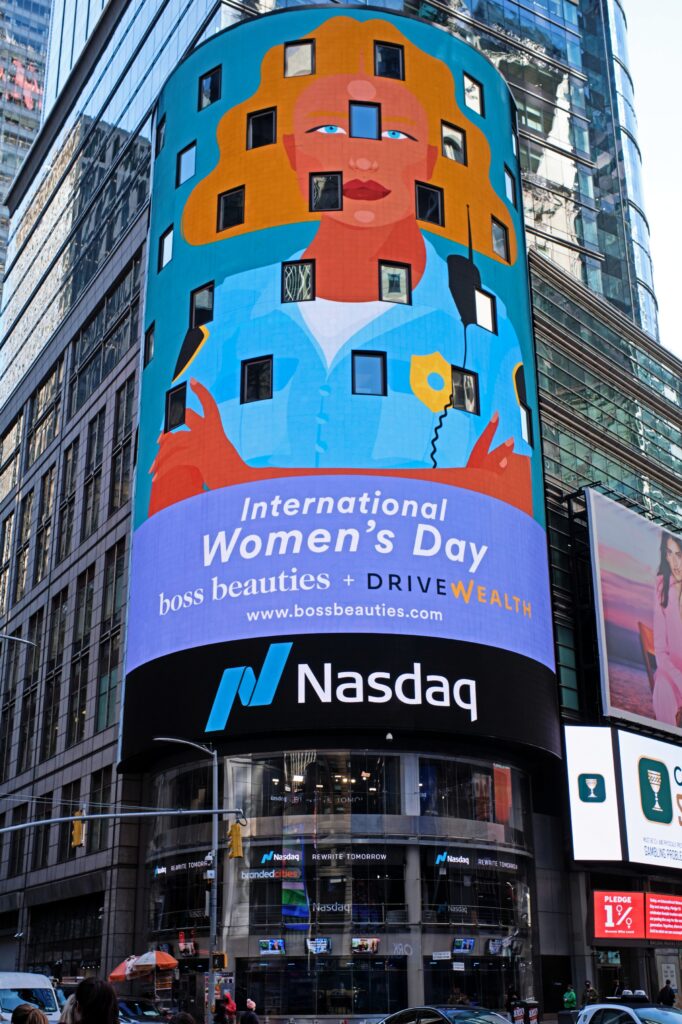 Boss Beauties ad on Nasdaq billboard with Blindspot