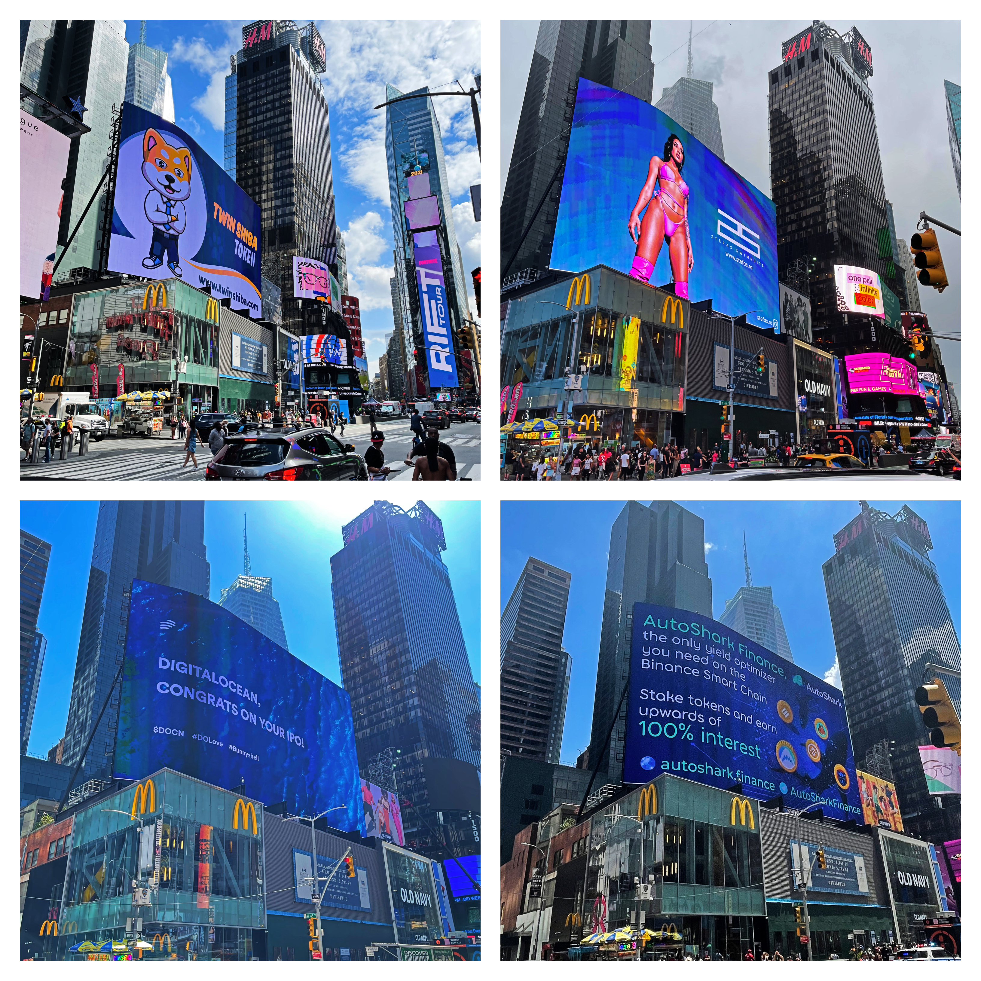 The-Beast-ads Collage of four different digital billboards displayed in Times Square, showcasing various advertisements, including tokens, fashion, and finance platforms.