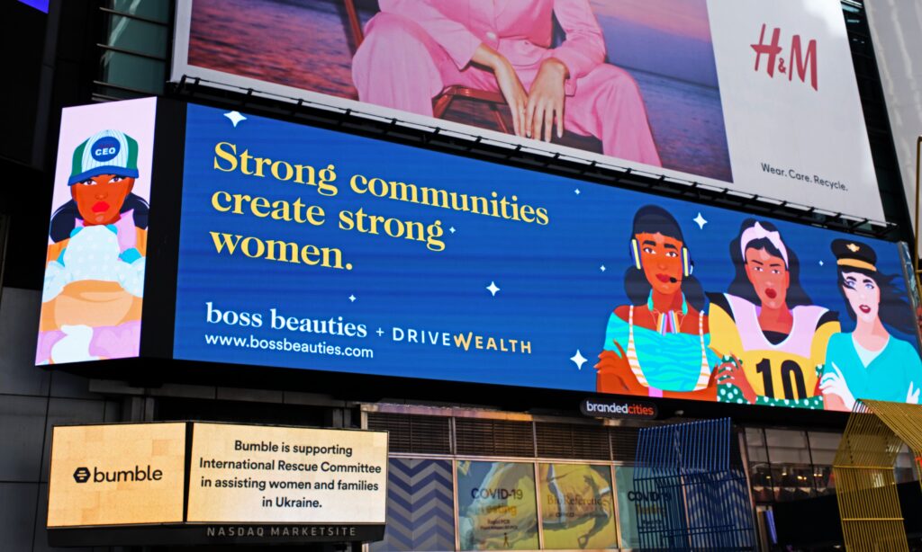 Boss Beauties ad on Broadway Plaza billboard in Times Square with Blindspot